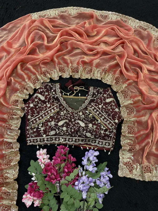 Orange_Color_Pure_Fandy_Satin_Silk_With_Sequence_And_Zari_Embroidery_Work_With_Cutwork_Border