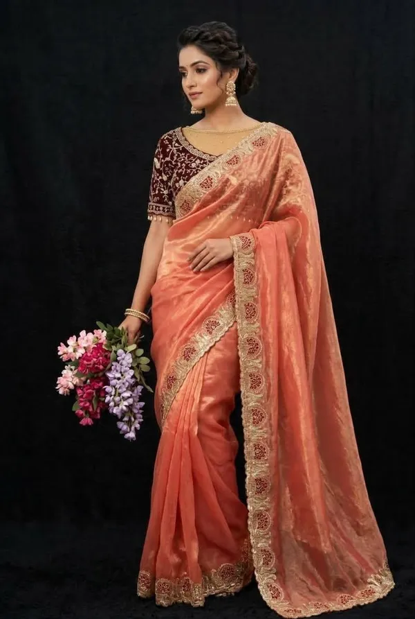 Orange_Color_Pure_Fandy_Satin_Silk_With_Sequence_And_Zari_Embroidery_Work_With_Cutwork_Border