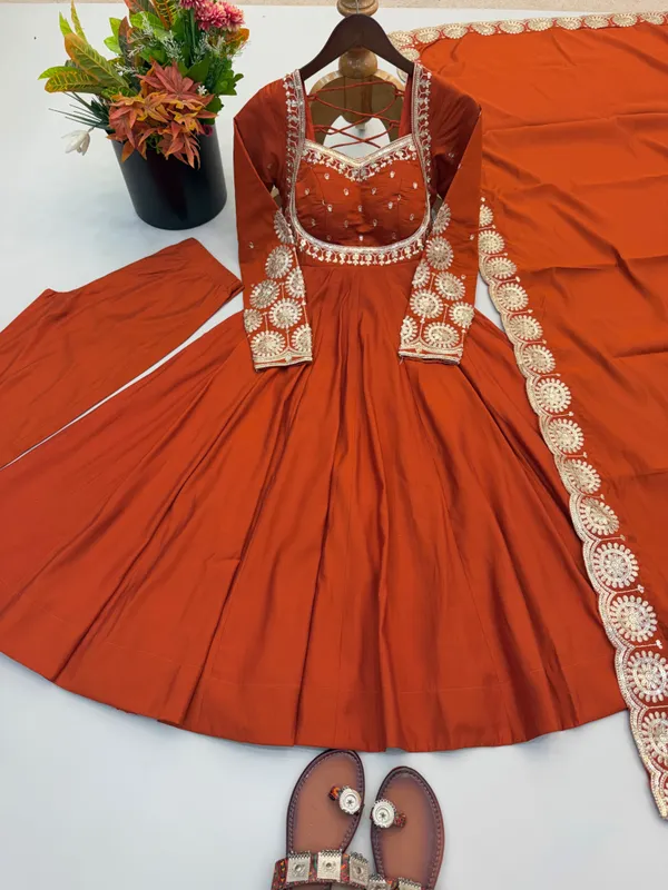Orange_Elegant_Embroidered_Sequence_Designer_Anarkali_Three_Piece_Set