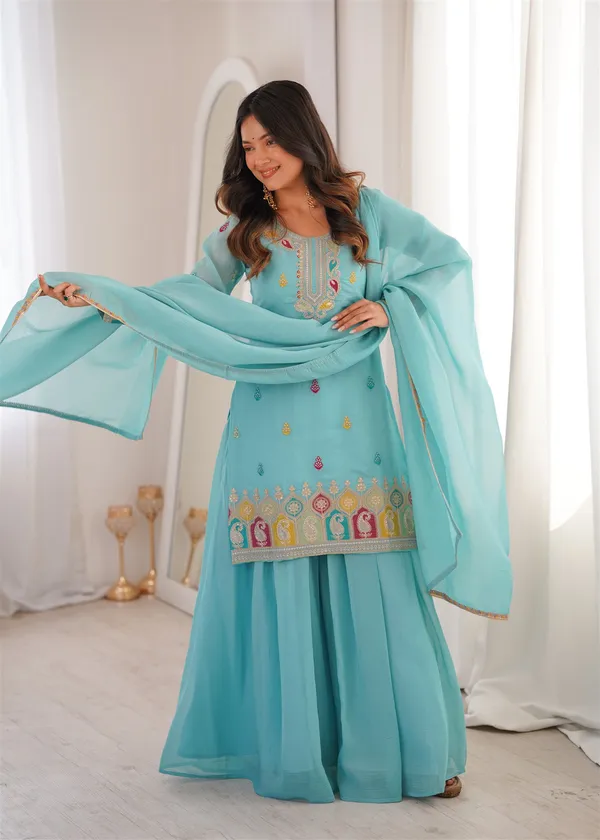 Pure_Soft_Crunchy_Silk_Fabric_Top,Sharara_With_Dupatta_Set_Ready_To_Wear