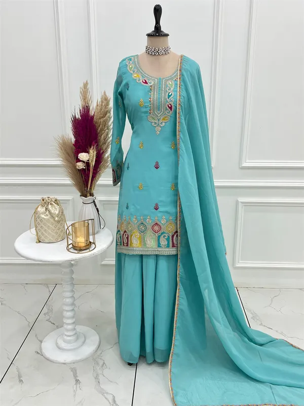 Pure_Soft_Crunchy_Silk_Fabric_Top,Sharara_With_Dupatta_Set_Ready_To_Wear