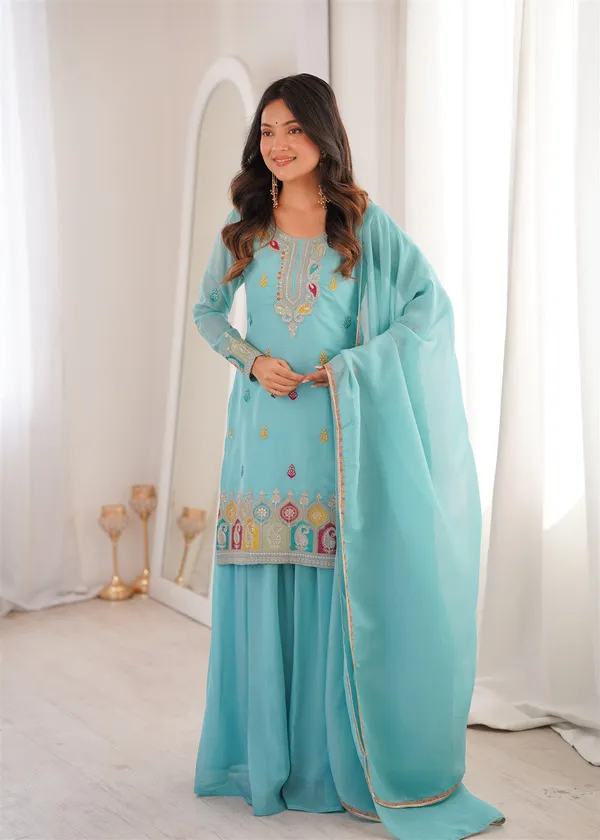 Pure_Soft_Crunchy_Silk_Fabric_Top,Sharara_With_Dupatta_Set_Ready_To_Wear