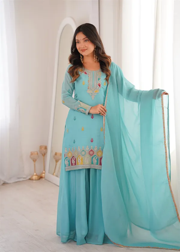 Pure_Soft_Crunchy_Silk_Fabric_Top,Sharara_With_Dupatta_Set_Ready_To_Wear