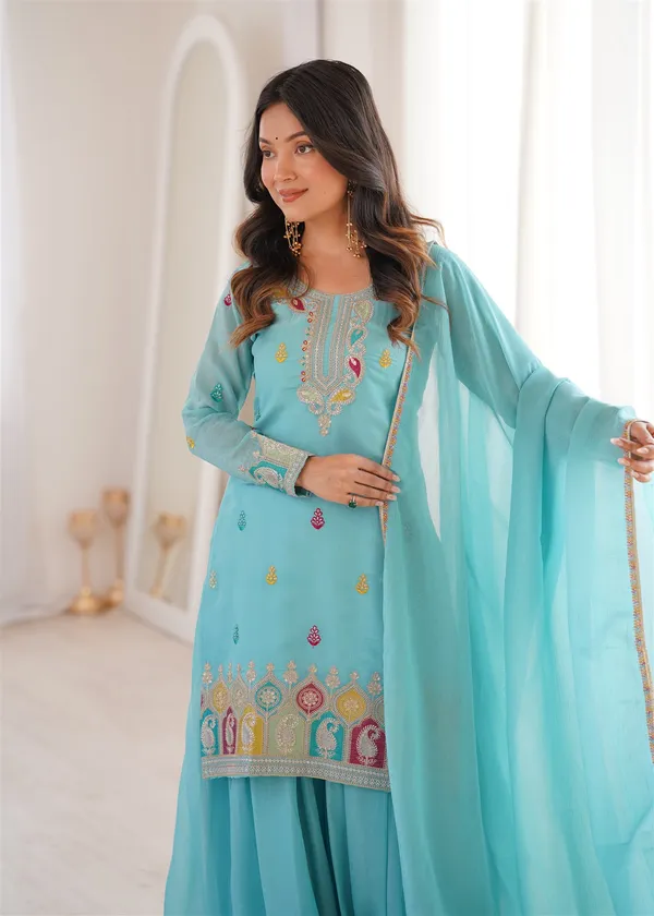 Pure_Soft_Crunchy_Silk_Fabric_Top,Sharara_With_Dupatta_Set_Ready_To_Wear
