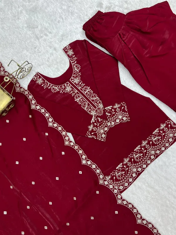 Roman_Silk_Fabric_With_Embroidery_Sequence_And_Jari_Work_Top,Duppta_Set_With_Farshi_Shalwar_Ready_To_Wear