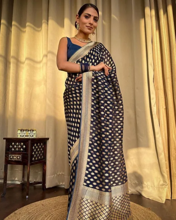 Blue_Silk_Blend_Self_Design_Banarasi_Saree_For_Women