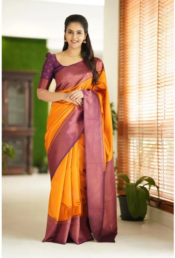 Yellow_Pure_Silk_Floral_Print_Banarasi_Saree_For_Women