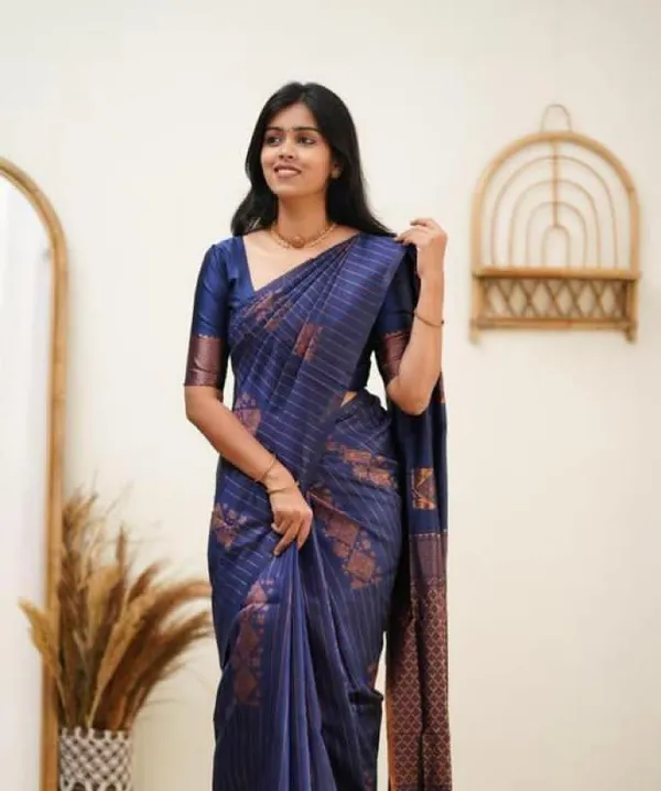 Dark_Blue_Pure_Silk_Striped_Woven_Banarasi_Saree_For_Women