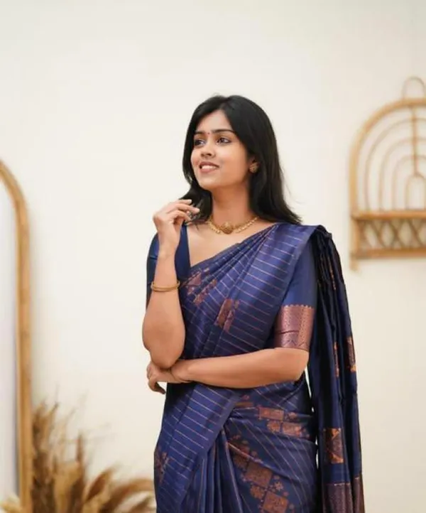 Dark_Blue_Pure_Silk_Striped_Woven_Banarasi_Saree_For_Women