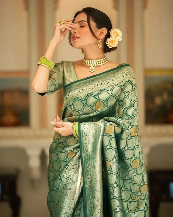 Green_Cotton_Silk_Printed_Banarasi_Saree_For_Women