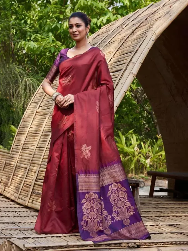 Maroon_Cotton_Silk_Temple_Border_Banarasi_Saree_For_Women