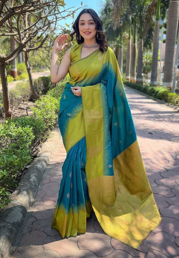Light_Green_Blue_Cotton_Silk_Printed_Banarasi_Saree_For_Women