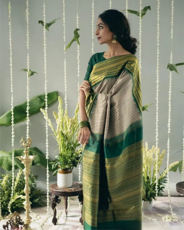 Green_Cotton_Silk_Checkered_Striped_Banarasi_Saree_For_Women