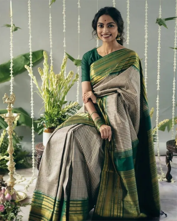 Green_Cotton_Silk_Checkered_Striped_Banarasi_Saree_For_Women