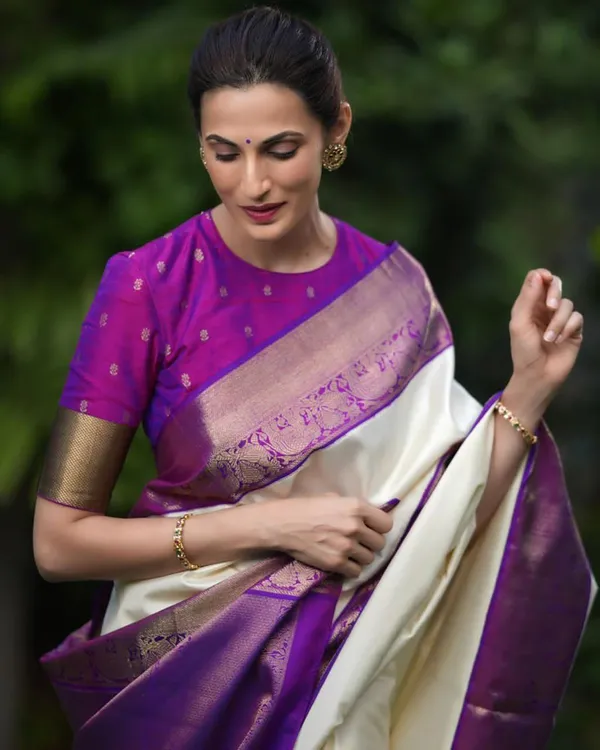 Cream_Purple_Pure_Silk_Jacquard_Banarasi_Saree_For_Women