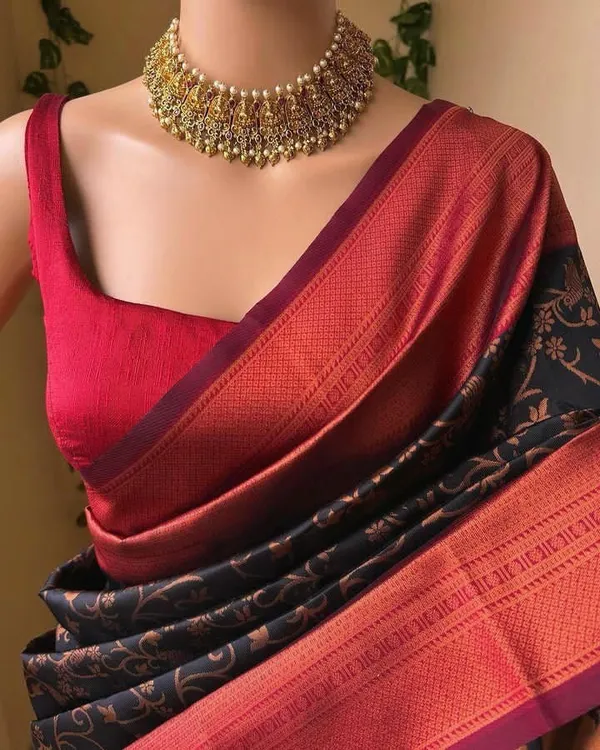Black_Cotton_Silk_Floral_Print_Banarasi_Saree_For_Women