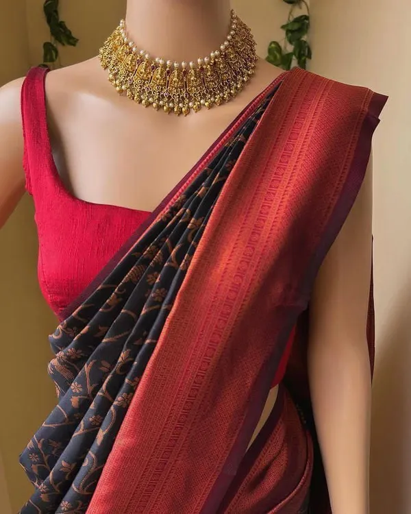 Black_Cotton_Silk_Floral_Print_Banarasi_Saree_For_Women