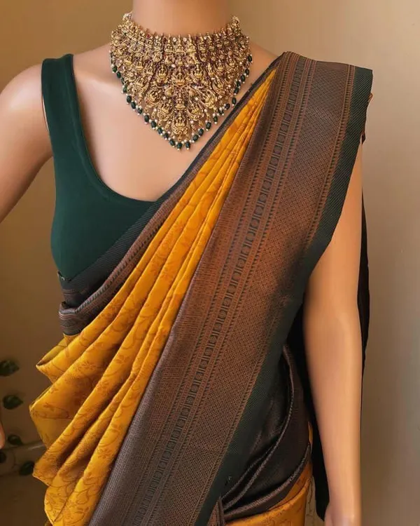 Yellow_Cotton_Silk_Floral_Temple_Border_Banarasi_Saree_For_Women