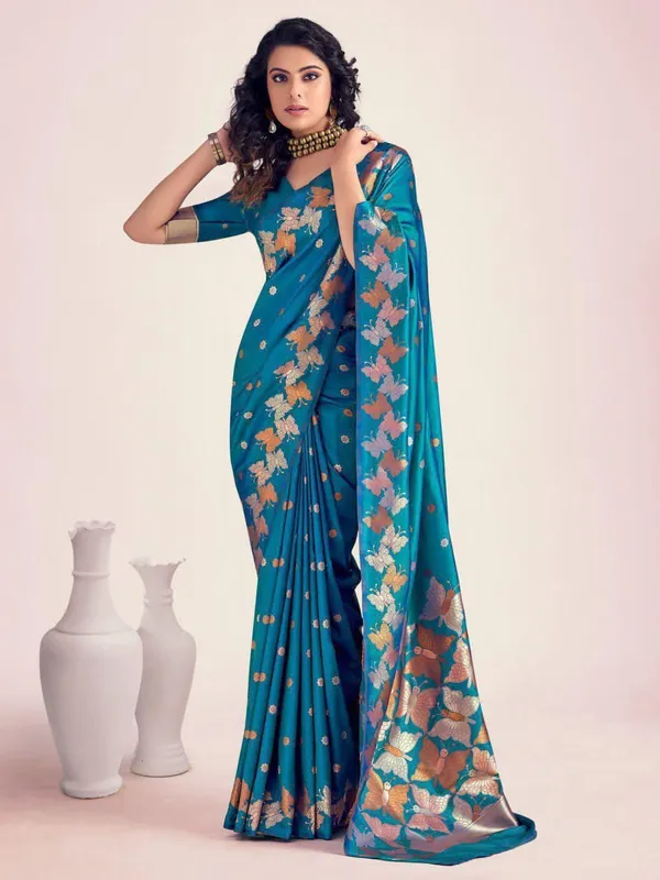 Blue_Pure_Silk_Woven_Banarasi_Butterfly_Pallu_Saree_For_Women