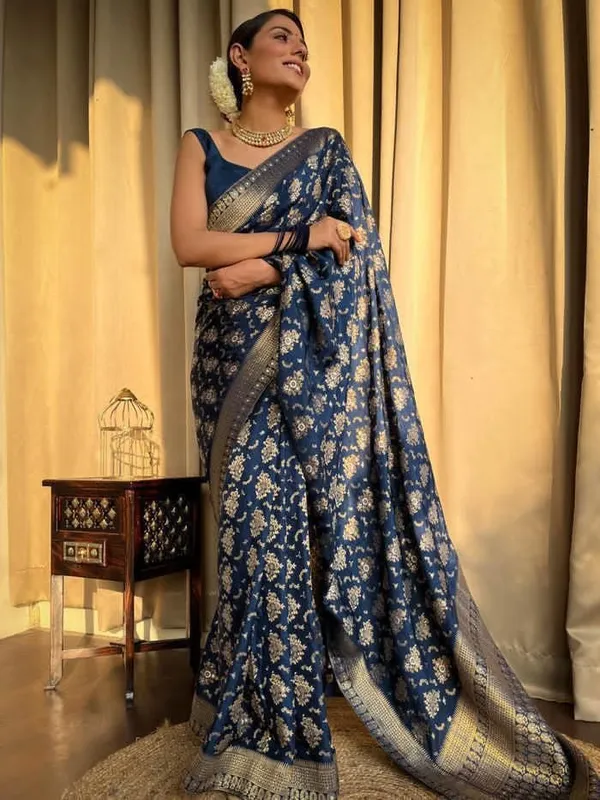 Dark_Blue_Silk_Blend_Woven_Floral_Banarasi_Regular_Saree_For_Women