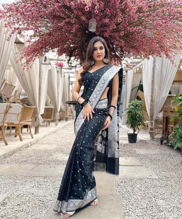 Black_Cotton_Silk_Temple_Border_Woven_Banarasi_Saree_For_Women