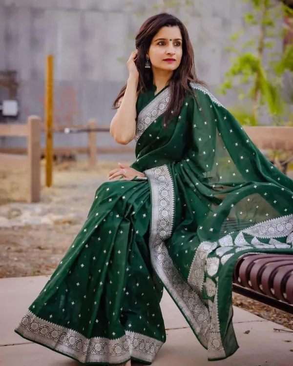Green_Cotton_Silk_Temple_Border_Woven_Banarasi_Saree_For_Women