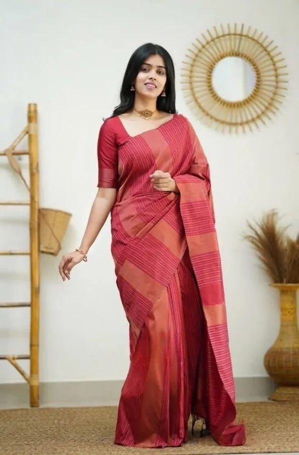Red_Silk_Blend_Striped_Self_Design_Banarasi_Saree_For_Women