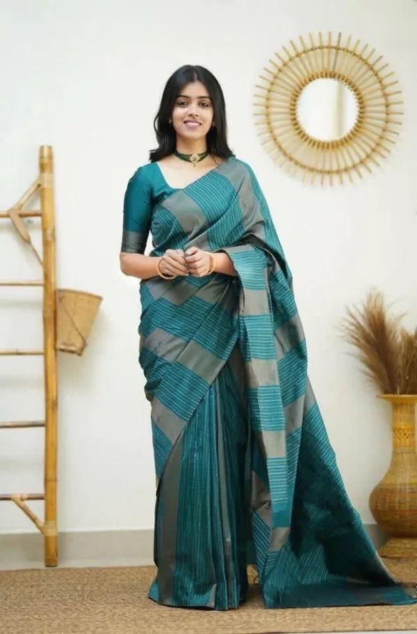 Dark_Green_Grey_Silk_Blend_Striped_Self_Design_Banarasi_Saree_For_Women