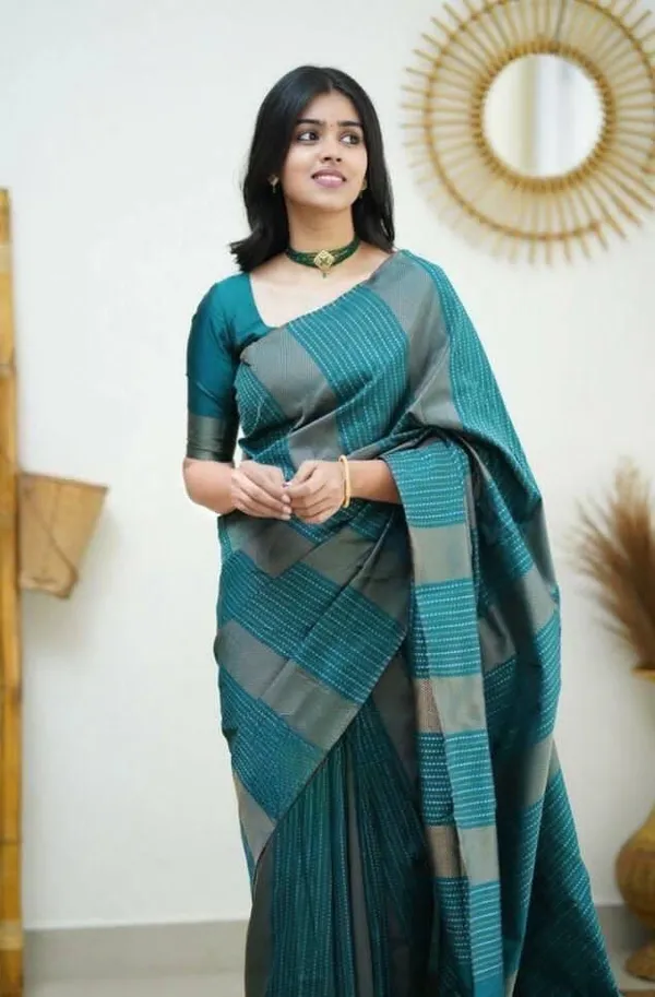 Dark_Green_Grey_Silk_Blend_Striped_Self_Design_Banarasi_Saree_For_Women