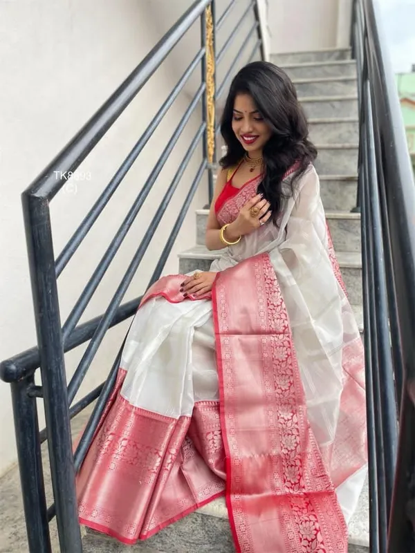 White_Red_Pure_Silk_Woven_Banarasi_Regular_Saree_For_Women
