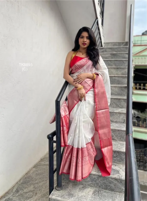 White_Red_Pure_Silk_Woven_Banarasi_Regular_Saree_For_Women