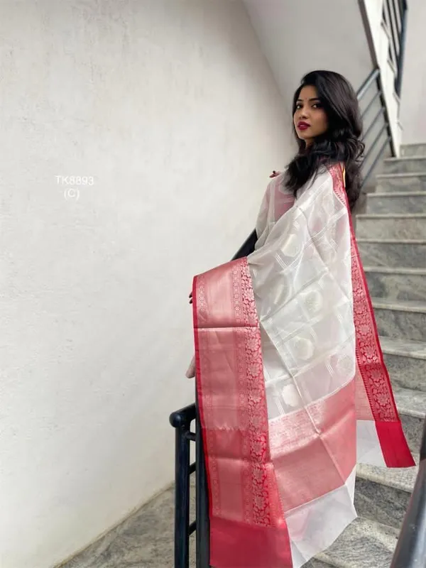 White_Red_Pure_Silk_Woven_Banarasi_Regular_Saree_For_Women