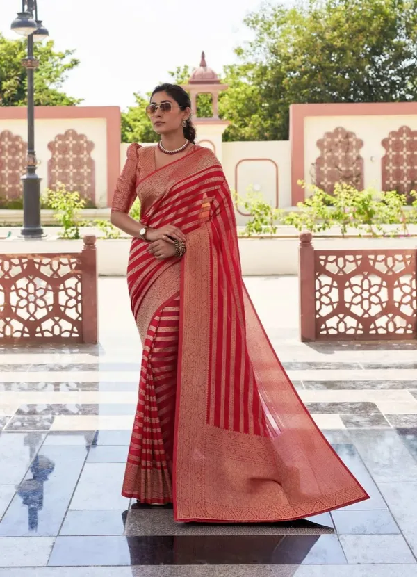 Red_Cotton_Silk_Striped_Woven_Banarasi_Saree_For_Women