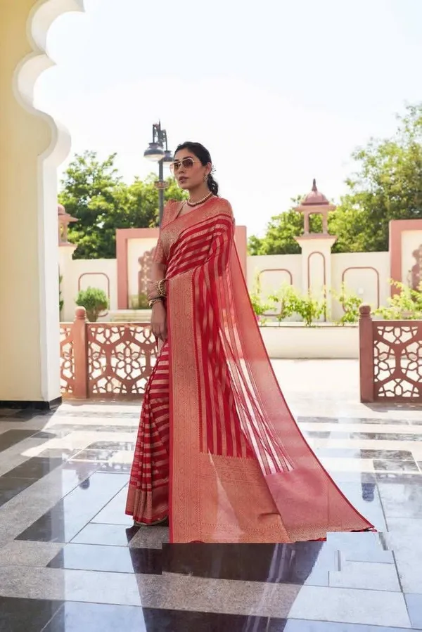 Red_Cotton_Silk_Striped_Woven_Banarasi_Saree_For_Women