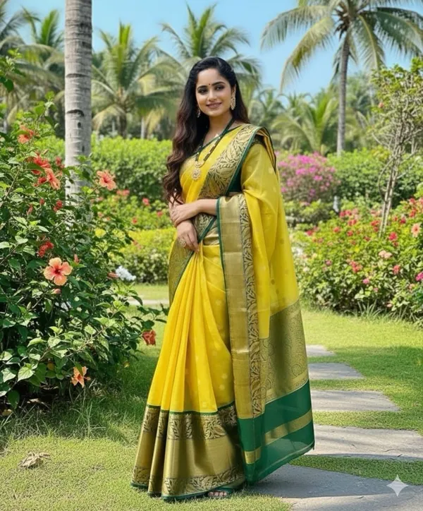 Yellow_Cotton_Silk_Floral_Print_Woven_Banarasi_Saree_For_Women