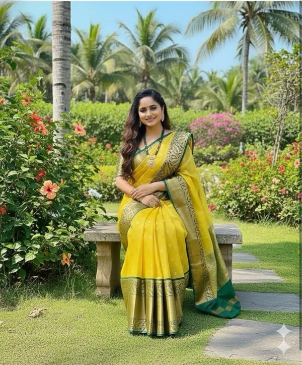 Yellow_Cotton_Silk_Floral_Print_Woven_Banarasi_Saree_For_Women