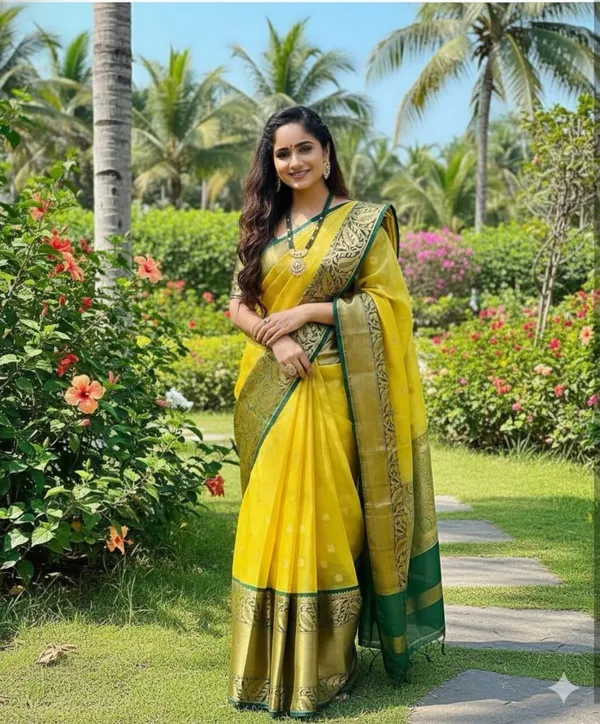 Yellow_Cotton_Silk_Floral_Print_Woven_Banarasi_Saree_For_Women