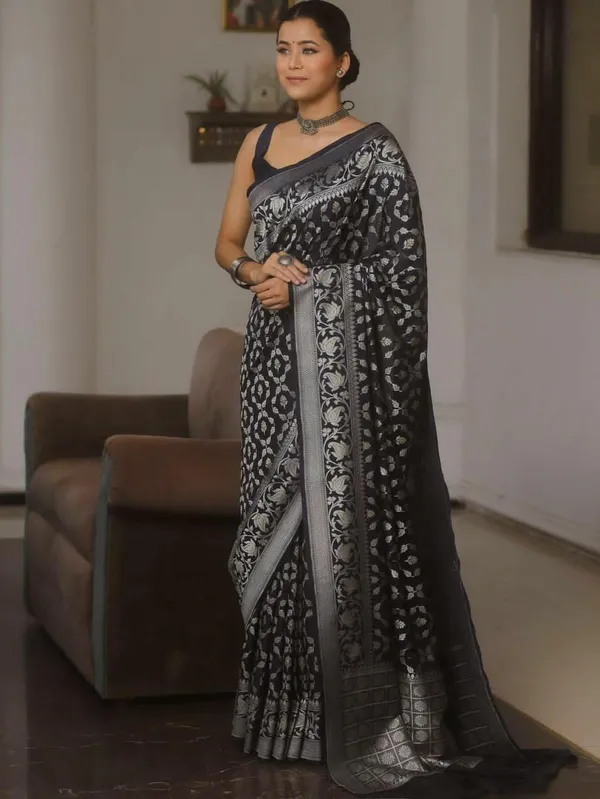 Black_Cotton_Silk_Floral_Print_Banarasi_Saree_For_Women