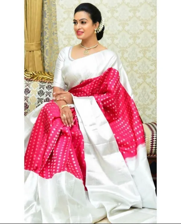 White_Cotton_Silk_Polka_Print_Woven_Banarasi_Saree_For_Women