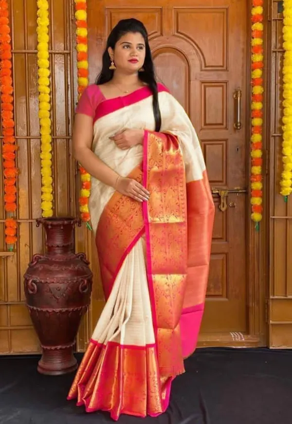 Cream_Cotton_Silk_Temple_Border_Banarasi_Saree_For_Women