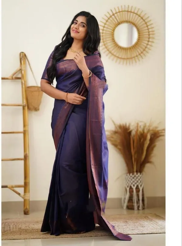 Blue_Cotton_Silk_Temple_Border_Banarasi_Saree_For_Women