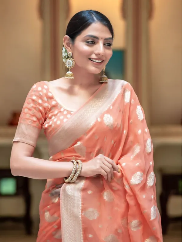 Orange_Cotton_Silk_Floral_Print_Banarasi_Saree_For_Women