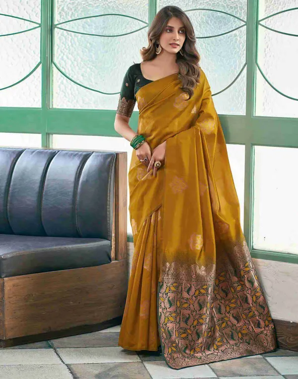 Yellow_Cotton_Silk_Printed_Banarasi_Saree_For_Women