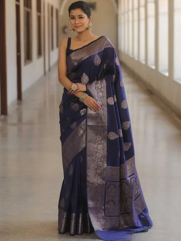 Blue_Cotton_Silk_Floral_Print_Banarasi_Saree_For_Women