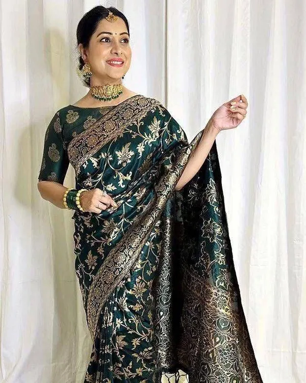 Dark_Green_Cotton_Silk_Printed_Banarasi_Saree_For_Women
