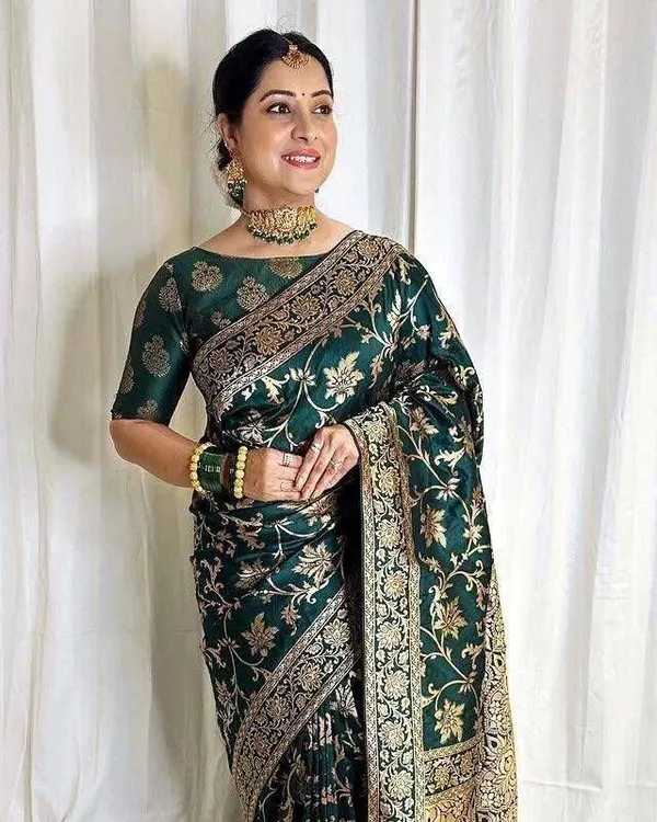 Dark_Green_Cotton_Silk_Printed_Banarasi_Saree_For_Women