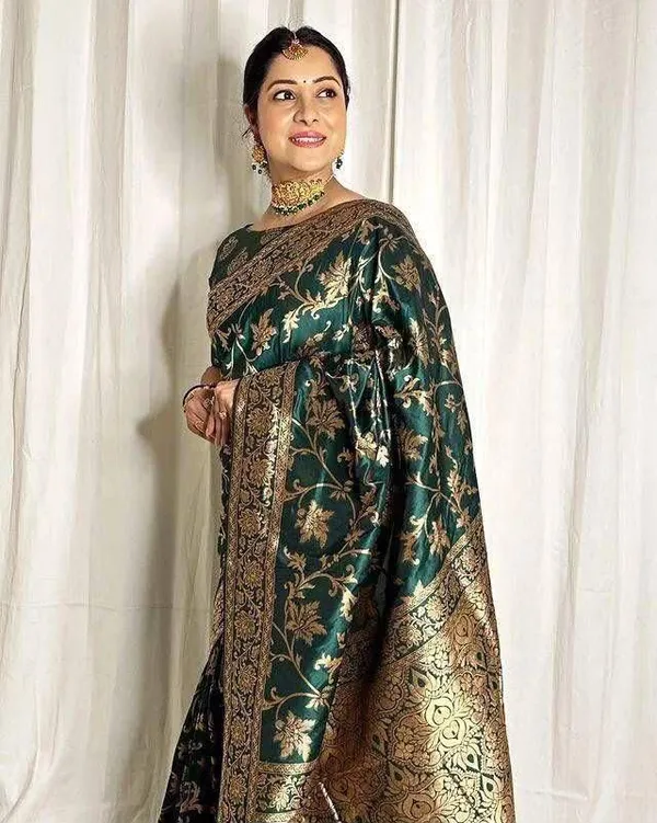 Dark_Green_Cotton_Silk_Printed_Banarasi_Saree_For_Women