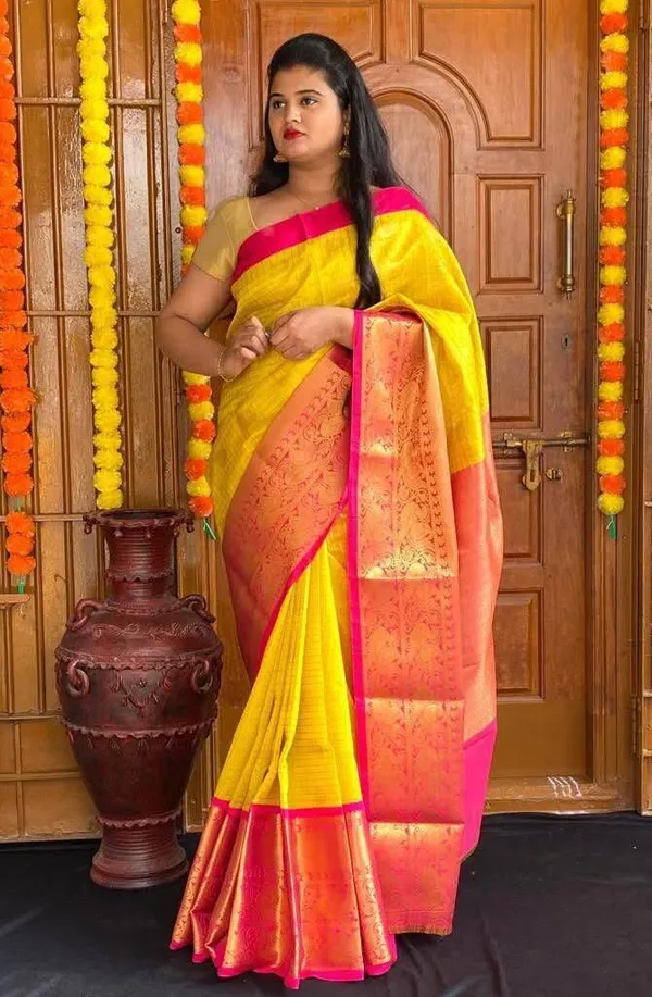 Yellow_Cotton_Silk_Floral_Print_Kanjivaram_Saree_For_Women