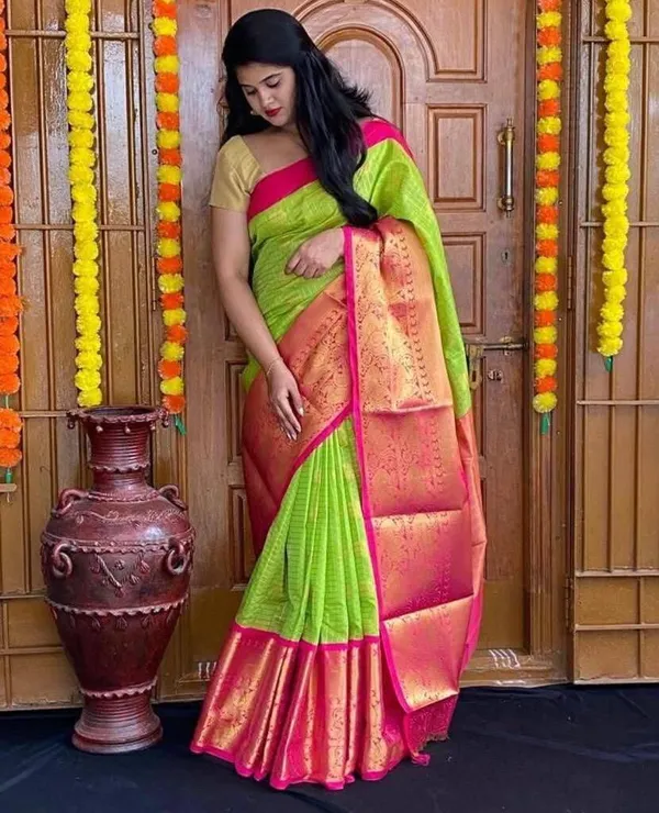 Green_Cotton_Silk_Floral_Print_Kanjivaram_Saree_For_Women