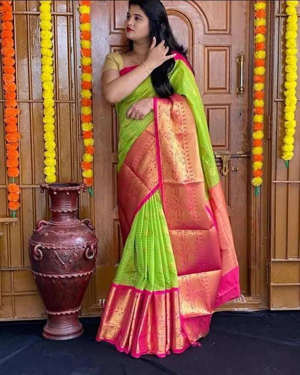 Green_Cotton_Silk_Floral_Print_Kanjivaram_Saree_For_Women